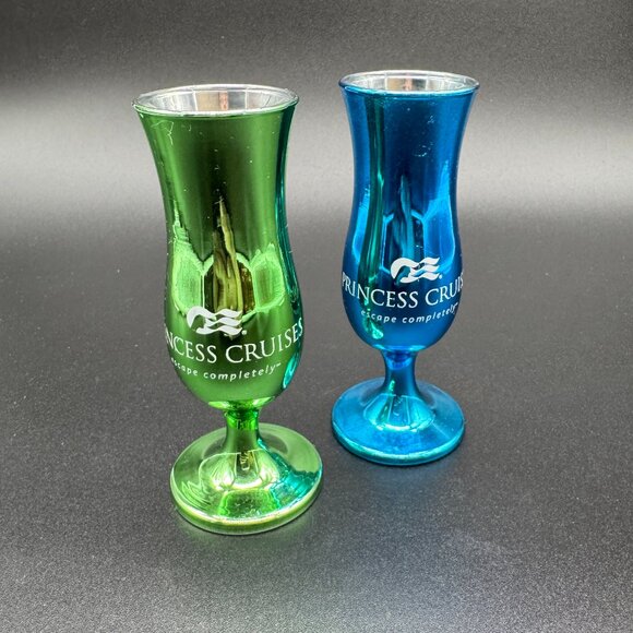 Vintage Footed Shot Glasses Princess Cruise Line Green and Blue Metallic - Picture 1 of 5